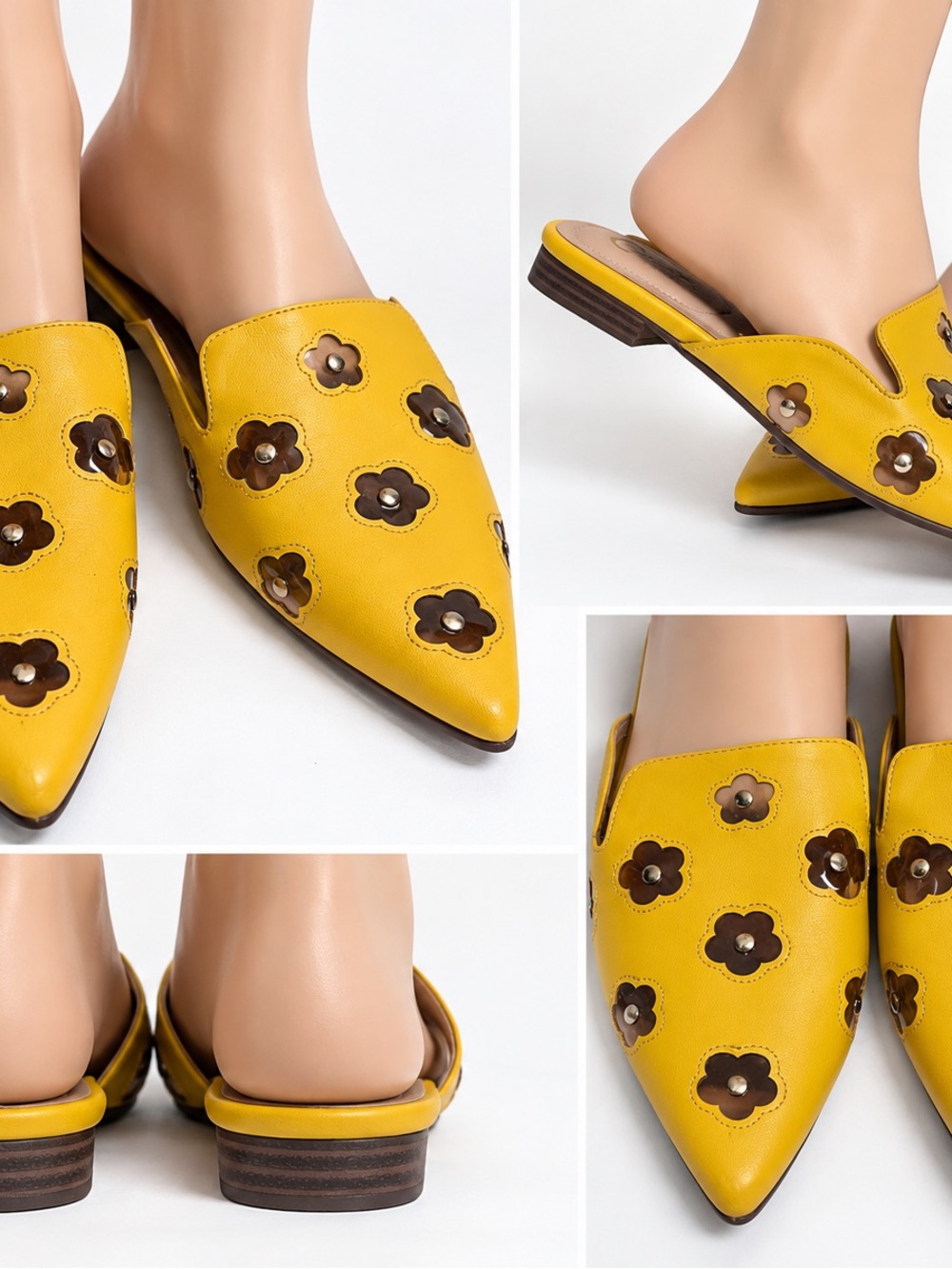 Pointed Yellow Floral Cutout Slip-On Mules for Women